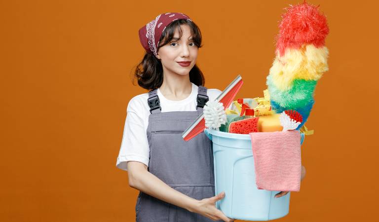 Woman in uniform holding a blue basket filled with tools, products, cloth.