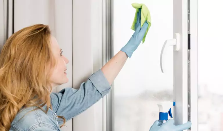 woman cleaning a window glass