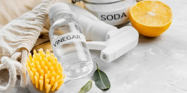 A bottle of vinegar and a lemon with a brush