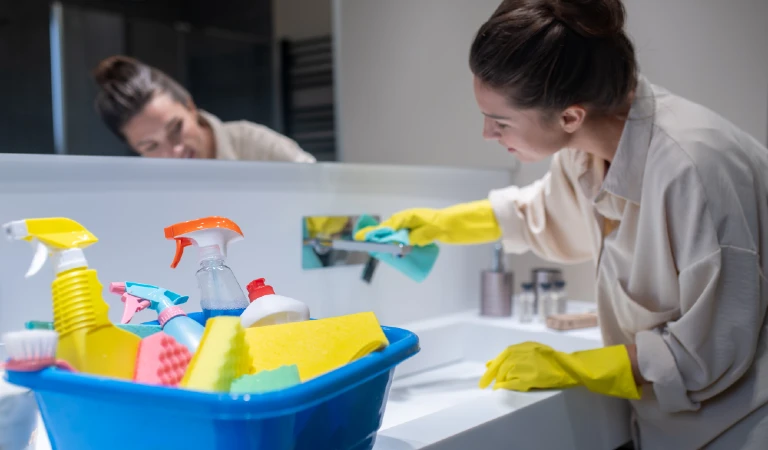 A young housewife cleaning in the bathroom