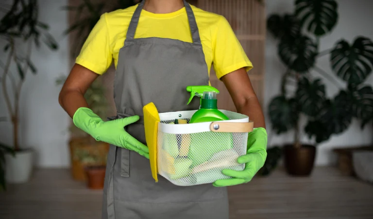 Professional cleaning and housekeeping uniform rubber gloves apron and cleaning supplies
