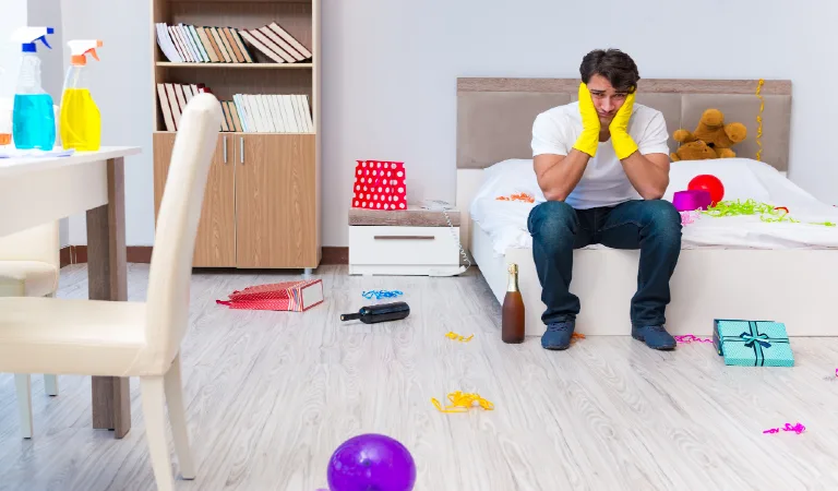 Man cleaning the house after party
