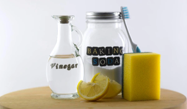 Close-up of baking soda in glass jar vinegar and lemon on table