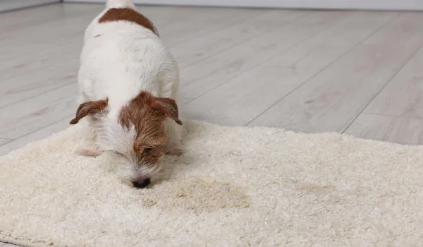 Cute dog near wet spot on rug indoors