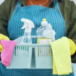 Cleaning basket with chemical detergent and cloth cleaner person