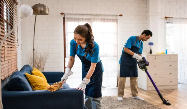 Asian young man and woman cleaning service worker working in living room and cleaning messy dirty floor