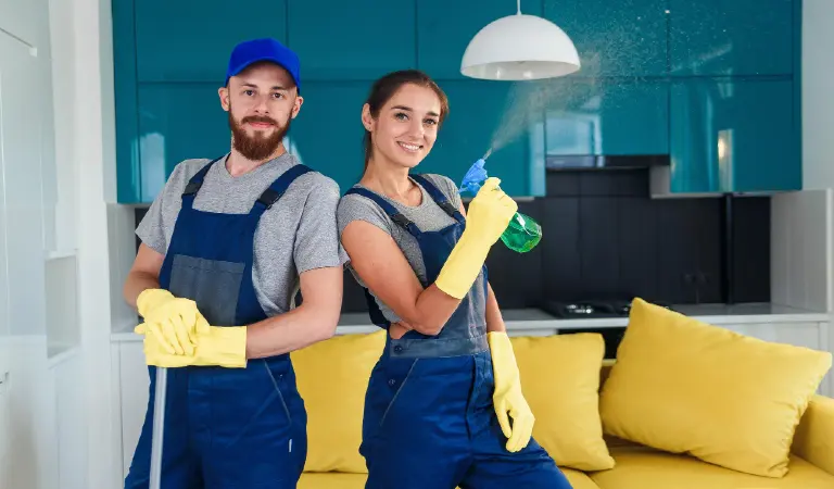 Professional cleaners stay together in the contemporary cuisine with detergents house
